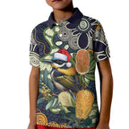 Aussie Honeyeaters Banksia Christmas Kid Polo Shirt Aboriginal Dots Painting Blue Motif - Aussie Hoodie