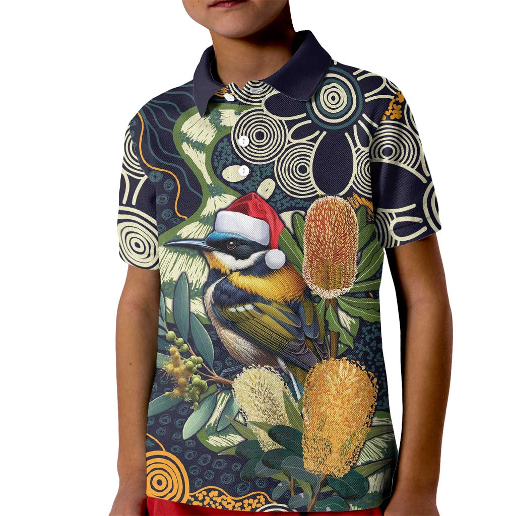 Aussie Honeyeaters Banksia Christmas Kid Polo Shirt Aboriginal Dots Painting Blue Motif - Aussie Hoodie