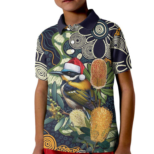 Aussie Honeyeaters Banksia Christmas Kid Polo Shirt Aboriginal Dots Painting Blue Motif - Aussie Hoodie