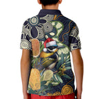 Aussie Honeyeaters Banksia Christmas Kid Polo Shirt Aboriginal Dots Painting Blue Motif - Aussie Hoodie
