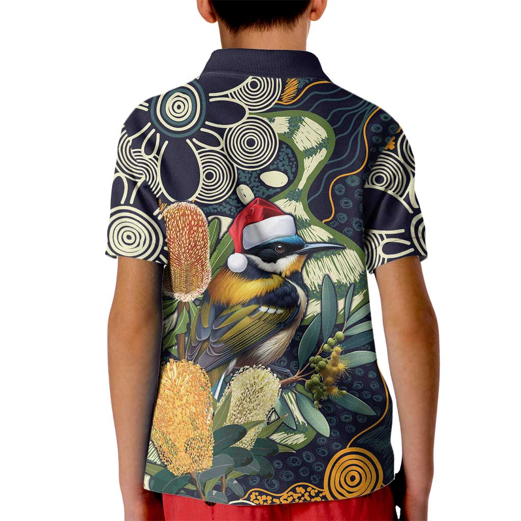 Aussie Honeyeaters Banksia Christmas Kid Polo Shirt Aboriginal Dots Painting Blue Motif - Aussie Hoodie