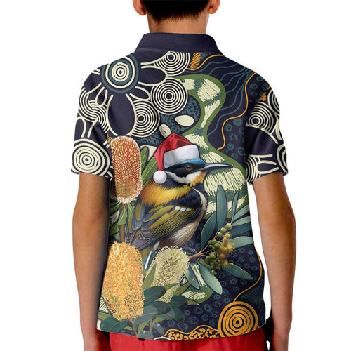 Aussie Honeyeaters Banksia Christmas Kid Polo Shirt Aboriginal Dots Painting Blue Motif - Aussie Hoodie