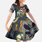 Aussie Honeyeaters Banksia Christmas Kid Short Sleeve Dress Aboriginal Dots Painting Blue Motif - Aussie Hoodie