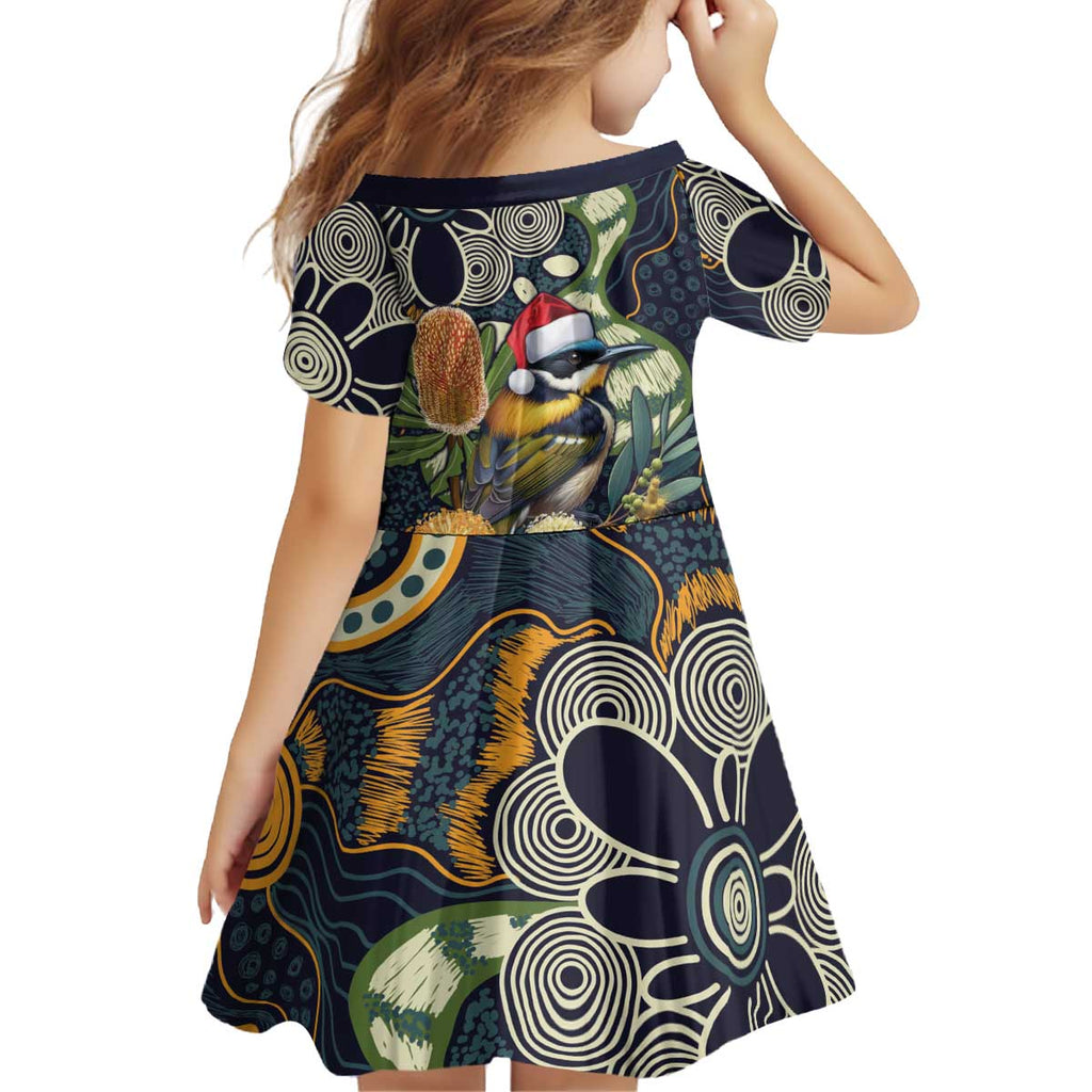 Aussie Honeyeaters Banksia Christmas Kid Short Sleeve Dress Aboriginal Dots Painting Blue Motif - Aussie Hoodie