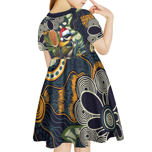 Aussie Honeyeaters Banksia Christmas Kid Short Sleeve Dress Aboriginal Dots Painting Blue Motif - Aussie Hoodie