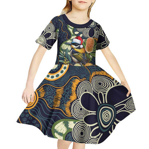 Aussie Honeyeaters Banksia Christmas Kid Short Sleeve Dress Aboriginal Dots Painting Blue Motif - Aussie Hoodie