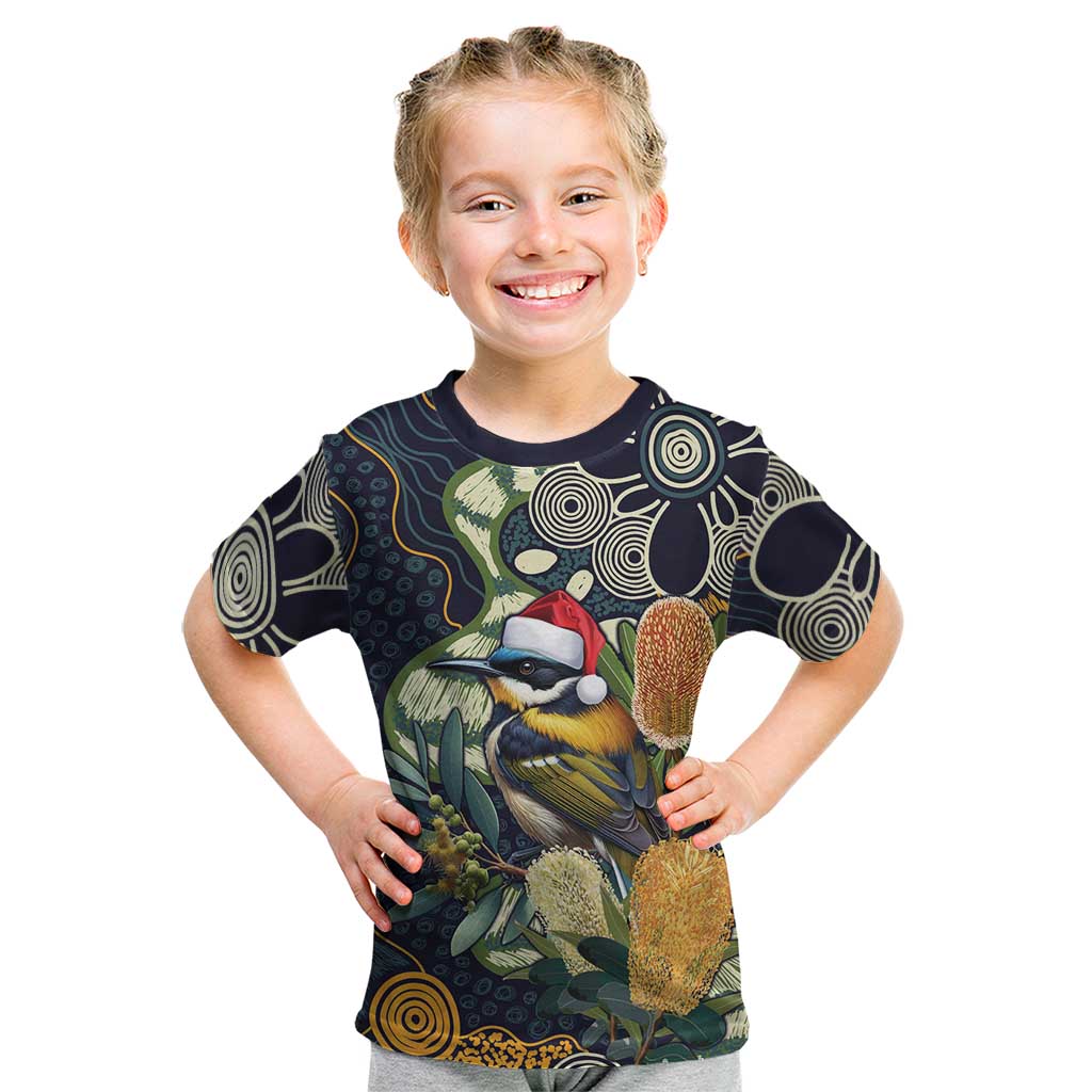 Aussie Honeyeaters Banksia Christmas Kid T Shirt Aboriginal Dots Painting Blue Motif - Aussie Hoodie