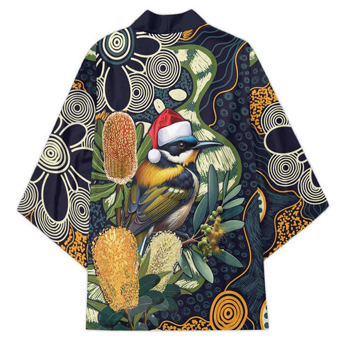 Aussie Honeyeaters Banksia Christmas Kimono Aboriginal Dots Painting Blue Motif - Aussie Hoodie