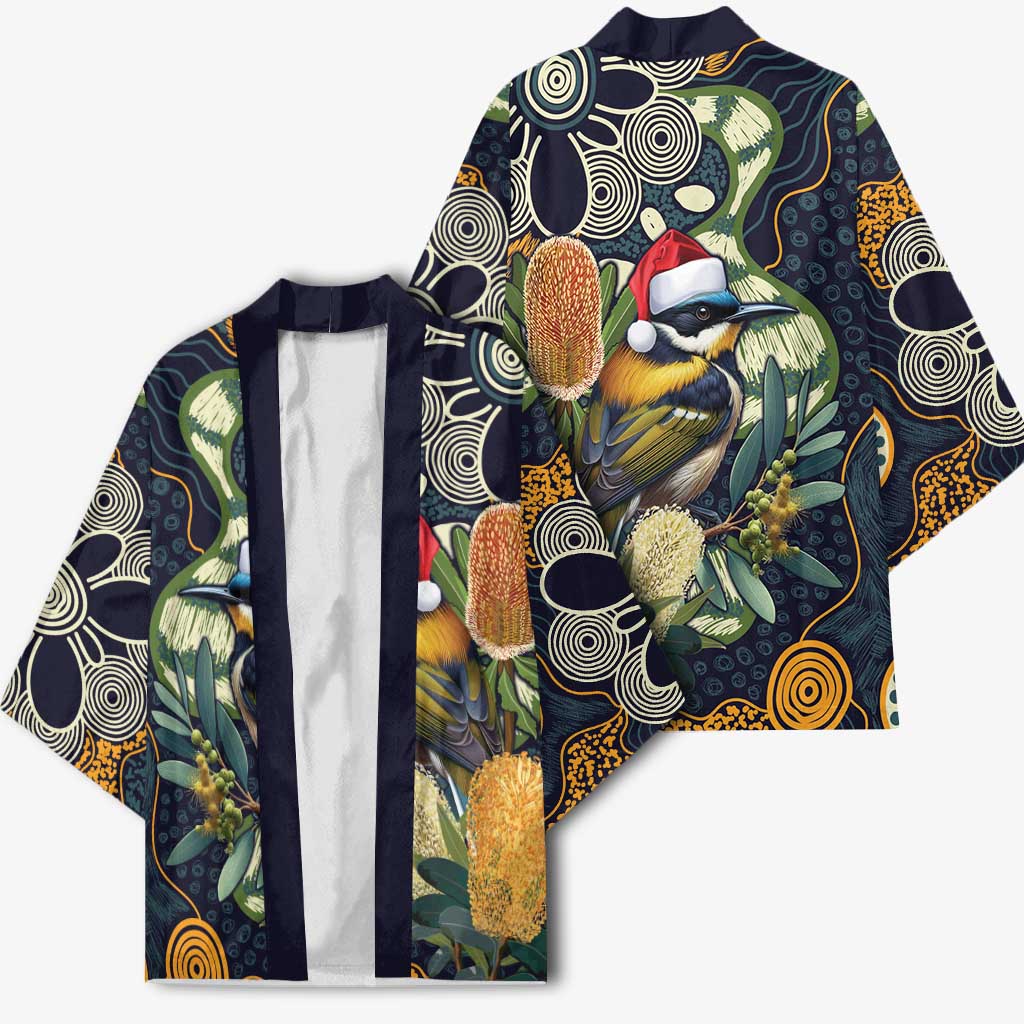 Aussie Honeyeaters Banksia Christmas Kimono Aboriginal Dots Painting Blue Motif - Aussie Hoodie