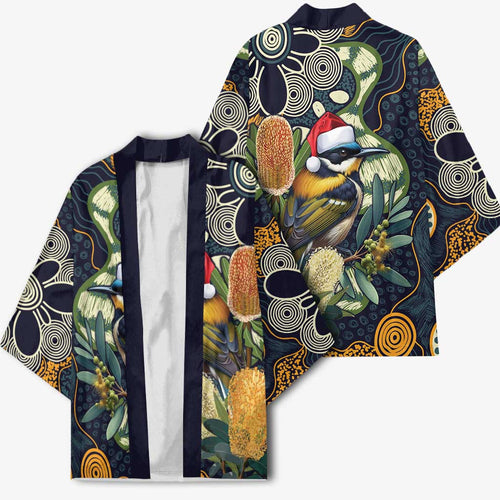 Aussie Honeyeaters Banksia Christmas Kimono Aboriginal Dots Painting Blue Motif - Aussie Hoodie