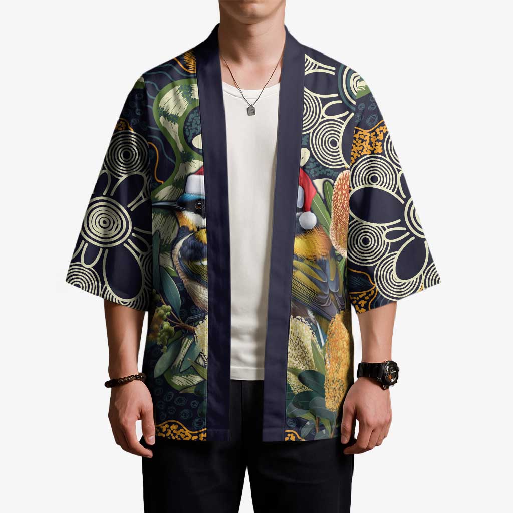 Aussie Honeyeaters Banksia Christmas Kimono Aboriginal Dots Painting Blue Motif - Aussie Hoodie