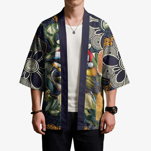 Aussie Honeyeaters Banksia Christmas Kimono Aboriginal Dots Painting Blue Motif - Aussie Hoodie