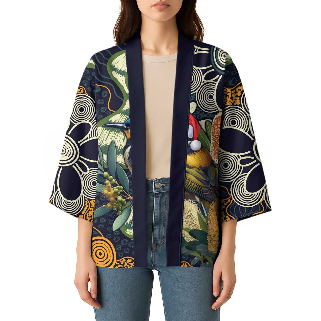 Aussie Honeyeaters Banksia Christmas Kimono Aboriginal Dots Painting Blue Motif - Aussie Hoodie