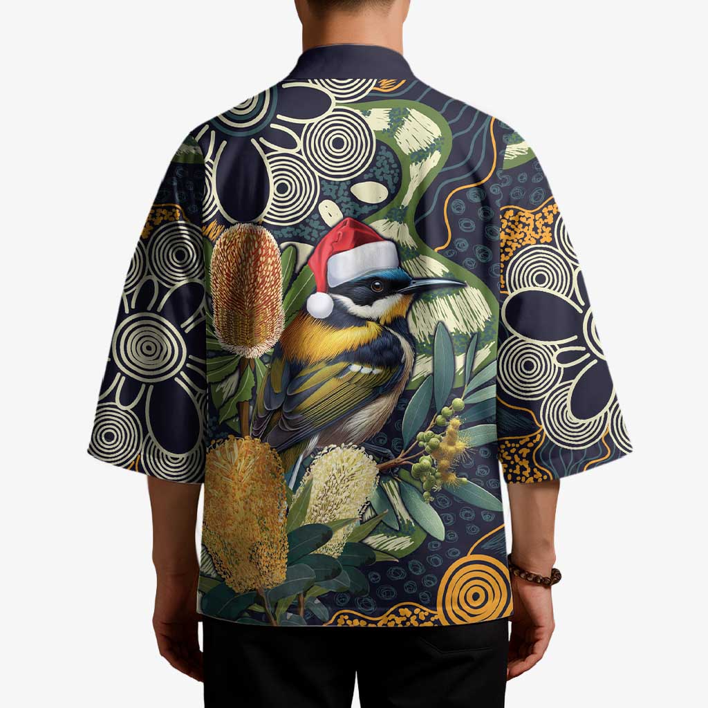 Aussie Honeyeaters Banksia Christmas Kimono Aboriginal Dots Painting Blue Motif - Aussie Hoodie