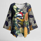 Aussie Honeyeaters Banksia Christmas Kimono Sleeve Blouse Aboriginal Dots Painting Blue Motif - Aussie Hoodie
