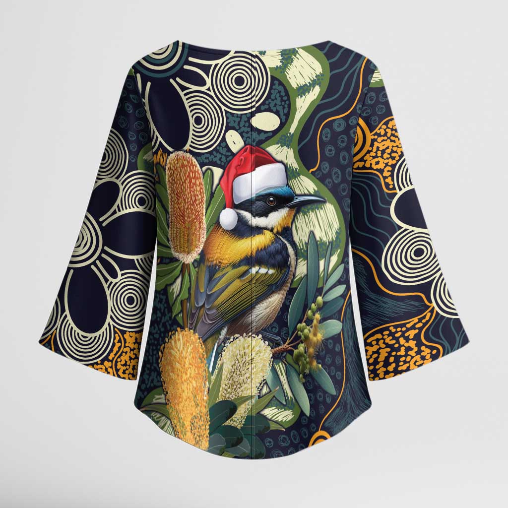 Aussie Honeyeaters Banksia Christmas Kimono Sleeve Blouse Aboriginal Dots Painting Blue Motif - Aussie Hoodie