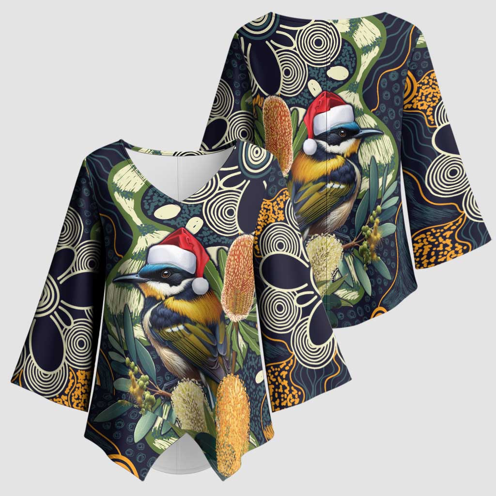Aussie Honeyeaters Banksia Christmas Kimono Sleeve Blouse Aboriginal Dots Painting Blue Motif - Aussie Hoodie