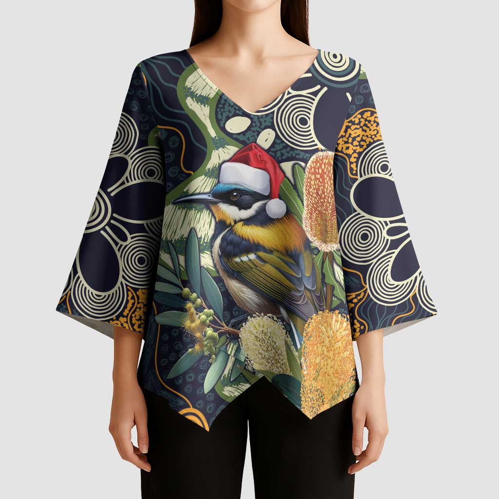 Aussie Honeyeaters Banksia Christmas Kimono Sleeve Blouse Aboriginal Dots Painting Blue Motif - Aussie Hoodie