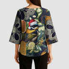 Aussie Honeyeaters Banksia Christmas Kimono Sleeve Blouse Aboriginal Dots Painting Blue Motif - Aussie Hoodie