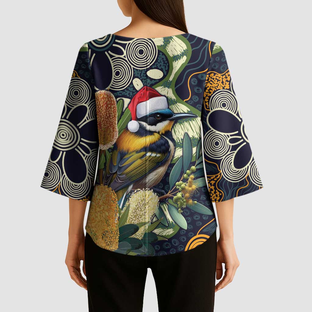 Aussie Honeyeaters Banksia Christmas Kimono Sleeve Blouse Aboriginal Dots Painting Blue Motif - Aussie Hoodie