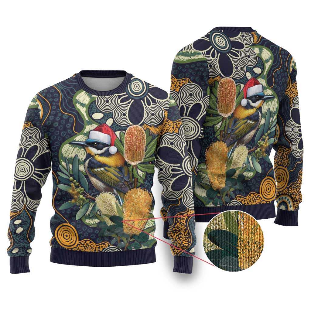 Aussie Honeyeaters Banksia Christmas Ugly Christmas Sweater Aboriginal Dots Painting Blue Motif - Aussie Hoodie