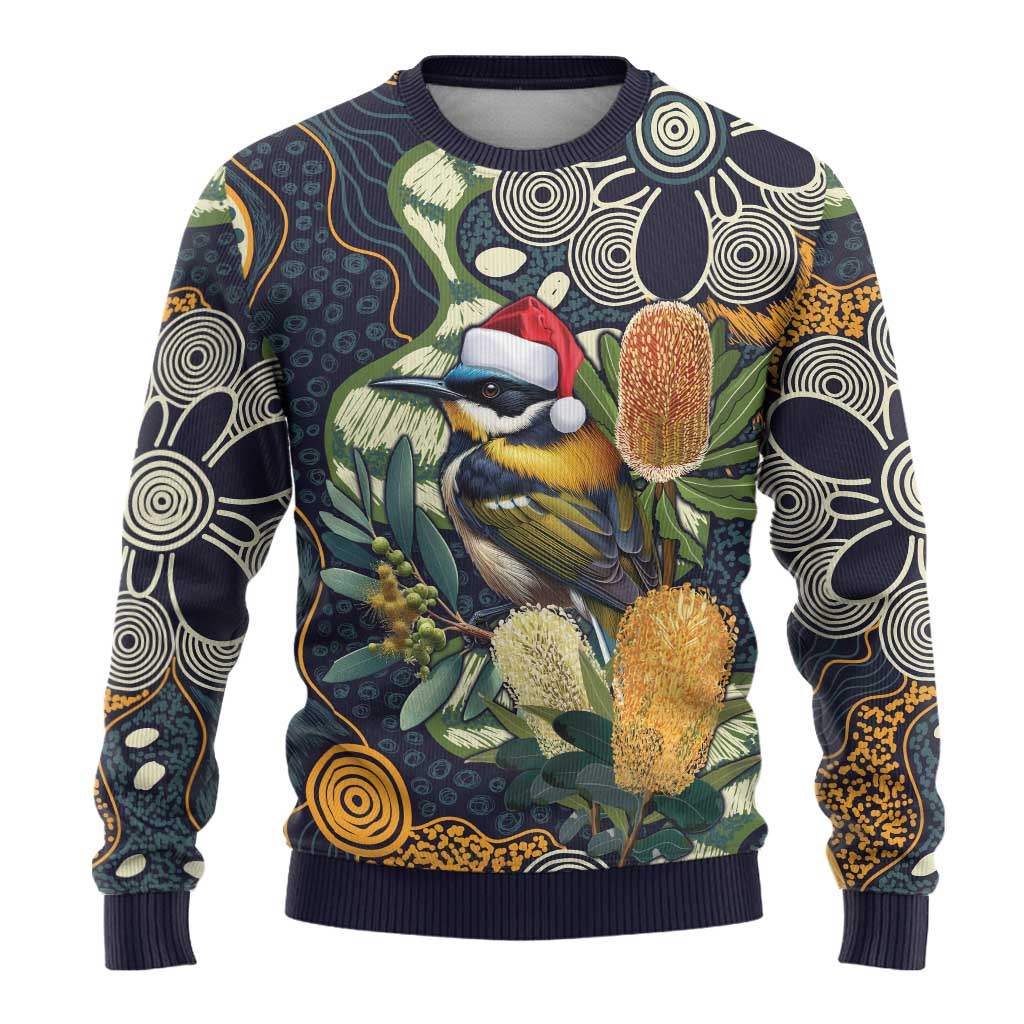 Aussie Honeyeaters Banksia Christmas Ugly Christmas Sweater Aboriginal Dots Painting Blue Motif - Aussie Hoodie