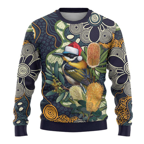 Aussie Honeyeaters Banksia Christmas Ugly Christmas Sweater Aboriginal Dots Painting Blue Motif - Aussie Hoodie