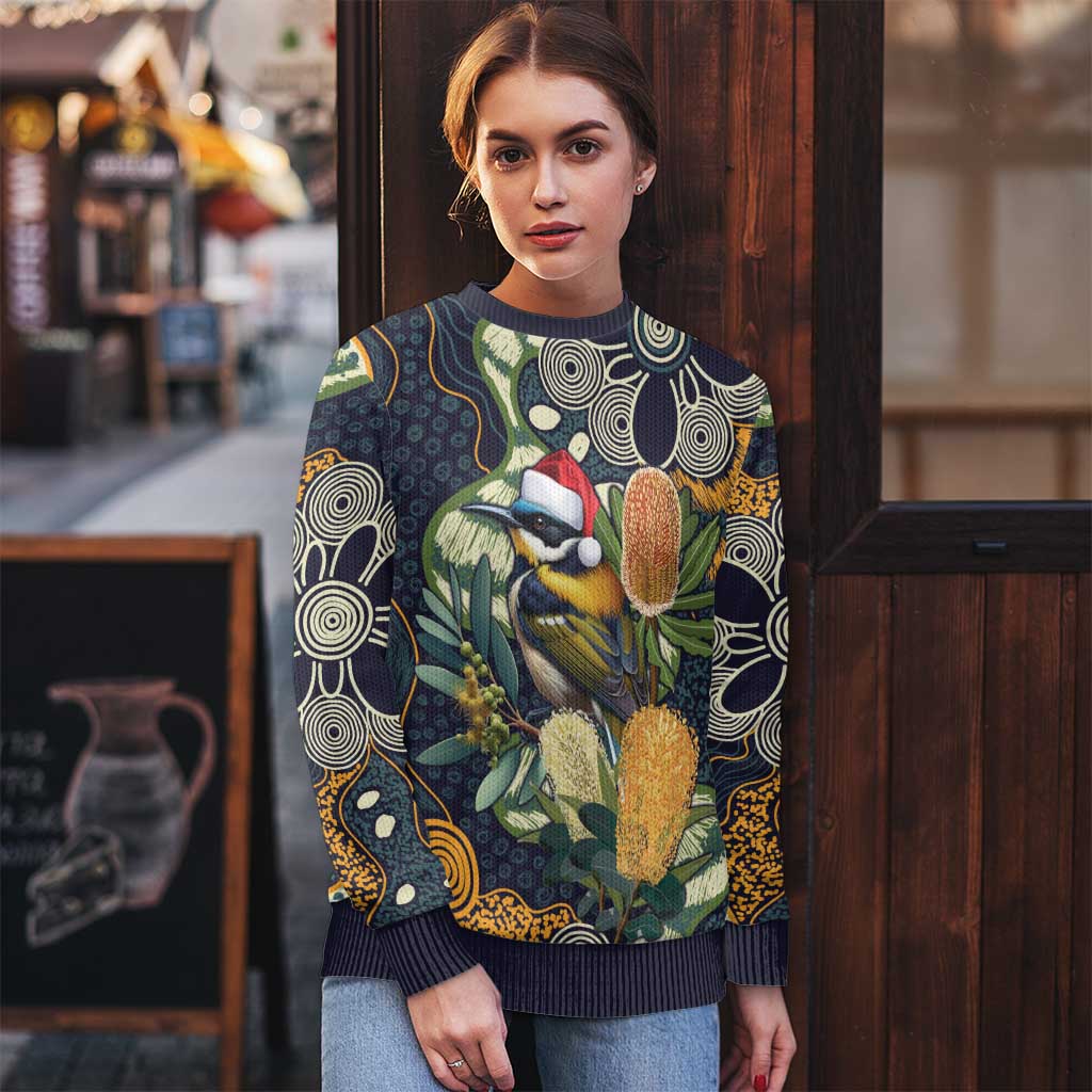 Aussie Honeyeaters Banksia Christmas Ugly Christmas Sweater Aboriginal Dots Painting Blue Motif - Aussie Hoodie