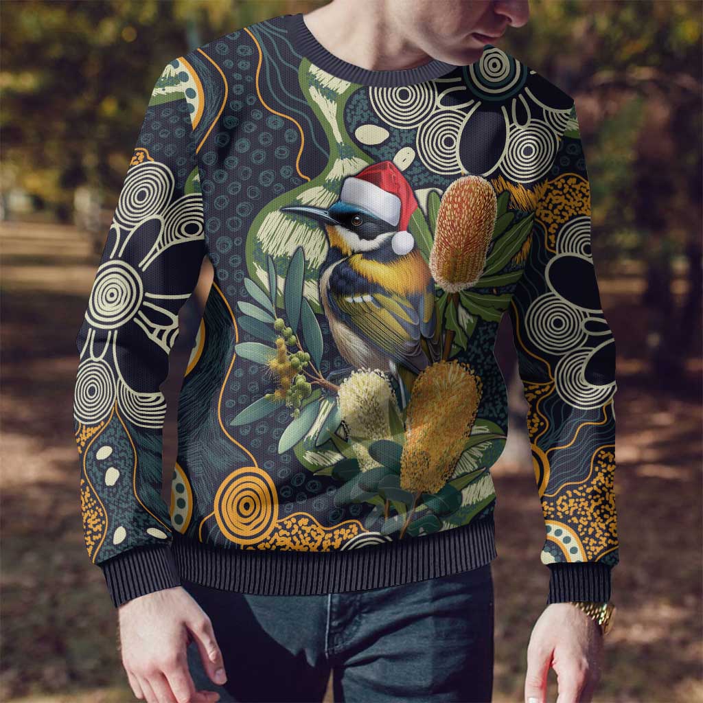 Aussie Honeyeaters Banksia Christmas Ugly Christmas Sweater Aboriginal Dots Painting Blue Motif - Aussie Hoodie