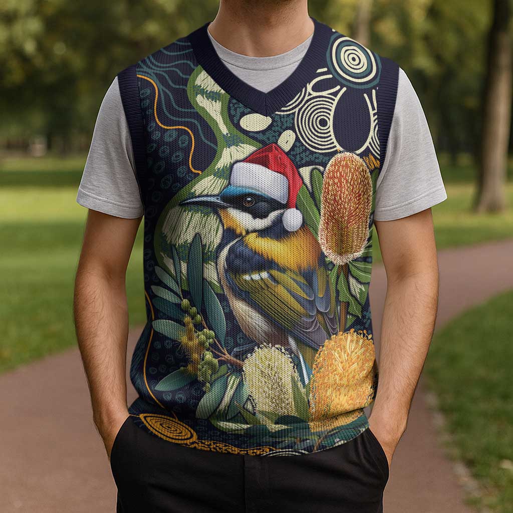Aussie Honeyeaters Banksia Christmas Knitted V-Neck Vest Aboriginal Dots Painting Blue Motif - Aussie Hoodie