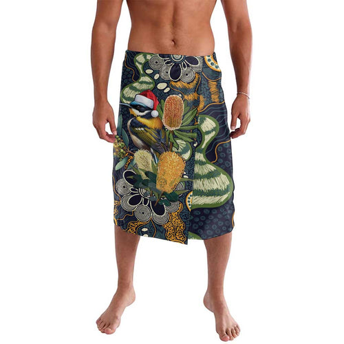 Aussie Honeyeaters Banksia Christmas Lavalava Aboriginal Dots Painting Blue Motif - Aussie Hoodie