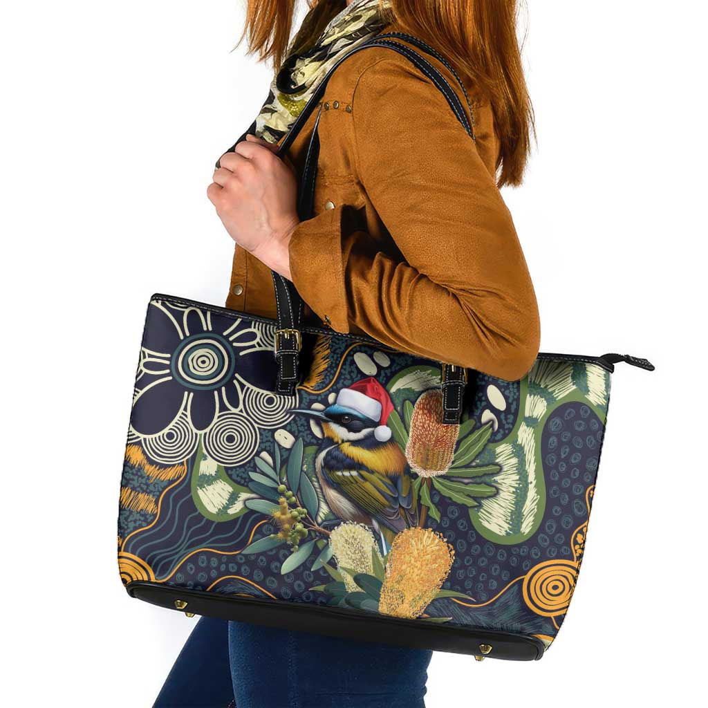 Aussie Honeyeaters Banksia Christmas Leather Tote Bag Aboriginal Dots Painting Blue Motif - Aussie Hoodie