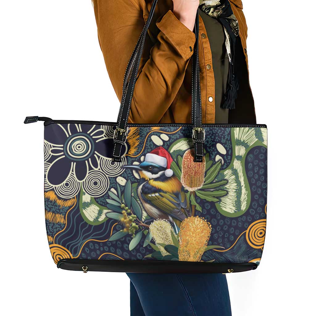 Aussie Honeyeaters Banksia Christmas Leather Tote Bag Aboriginal Dots Painting Blue Motif - Aussie Hoodie