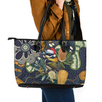 Aussie Honeyeaters Banksia Christmas Leather Tote Bag Aboriginal Dots Painting Blue Motif - Aussie Hoodie