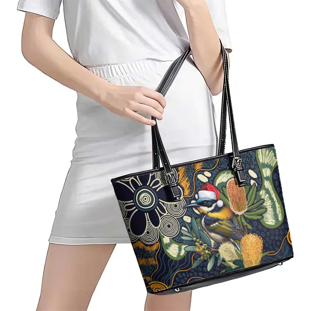 Aussie Honeyeaters Banksia Christmas Leather Tote Bag Aboriginal Dots Painting Blue Motif - Aussie Hoodie