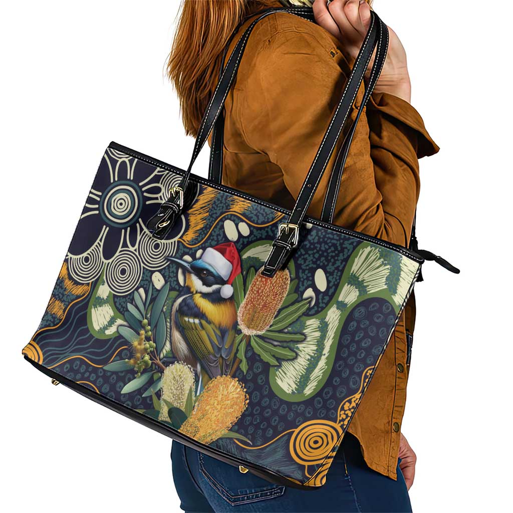 Aussie Honeyeaters Banksia Christmas Leather Tote Bag Aboriginal Dots Painting Blue Motif - Aussie Hoodie