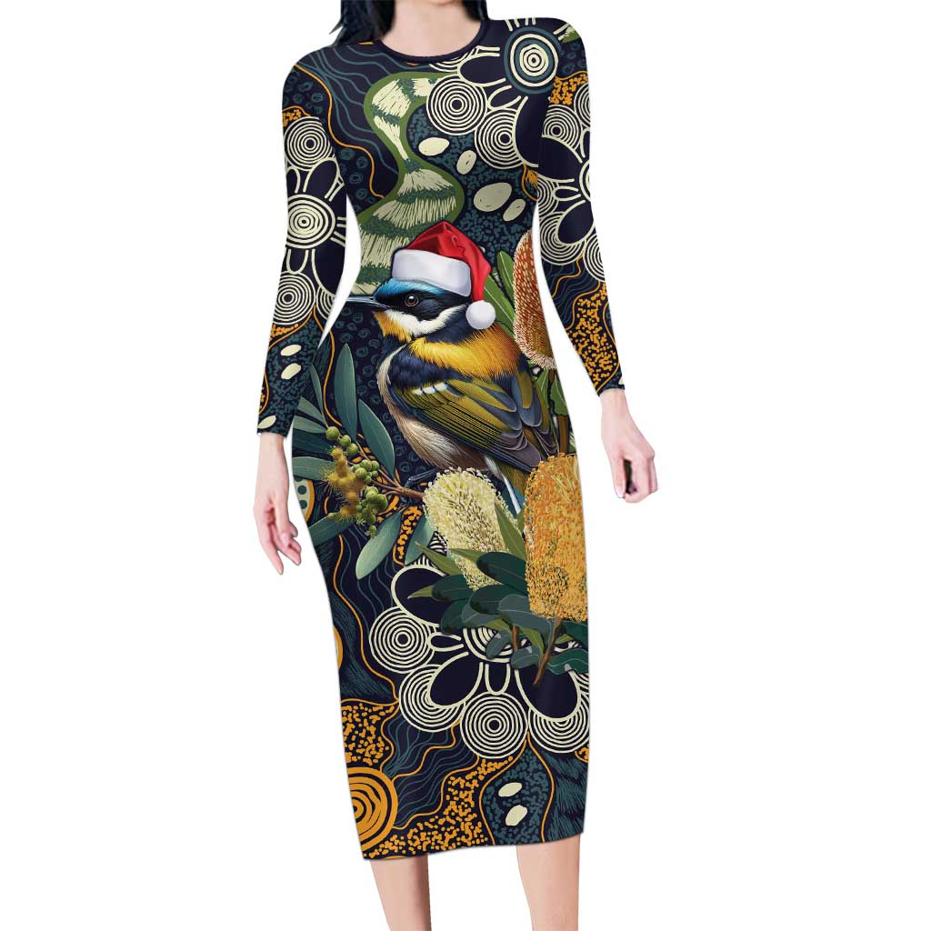 Aussie Honeyeaters Banksia Christmas Long Sleeve Bodycon Dress Aboriginal Dots Painting Blue Motif - Aussie Hoodie