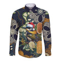 Aussie Honeyeaters Banksia Christmas Long Sleeve Button Shirt Aboriginal Dots Painting Blue Motif - Aussie Hoodie