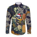 Aussie Honeyeaters Banksia Christmas Long Sleeve Button Shirt Aboriginal Dots Painting Blue Motif - Aussie Hoodie