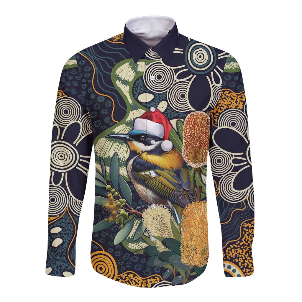 Aussie Honeyeaters Banksia Christmas Long Sleeve Button Shirt Aboriginal Dots Painting Blue Motif - Aussie Hoodie