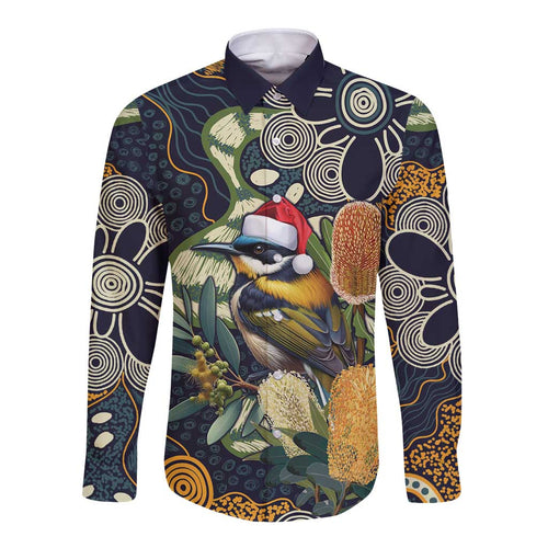 Aussie Honeyeaters Banksia Christmas Long Sleeve Button Shirt Aboriginal Dots Painting Blue Motif - Aussie Hoodie
