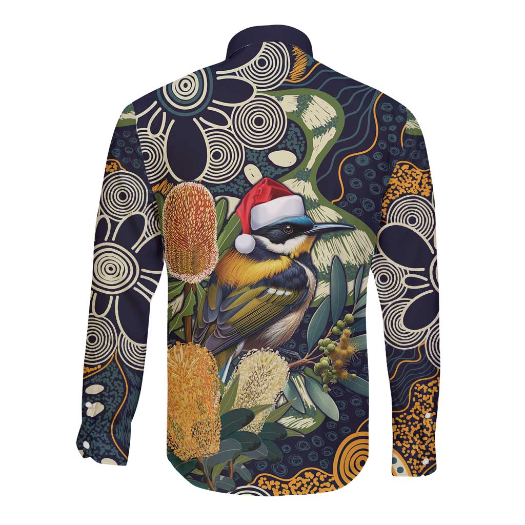 Aussie Honeyeaters Banksia Christmas Long Sleeve Button Shirt Aboriginal Dots Painting Blue Motif - Aussie Hoodie