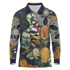 Aussie Honeyeaters Banksia Christmas Long Sleeve Polo Shirt Aboriginal Dots Painting Blue Motif - Aussie Hoodie