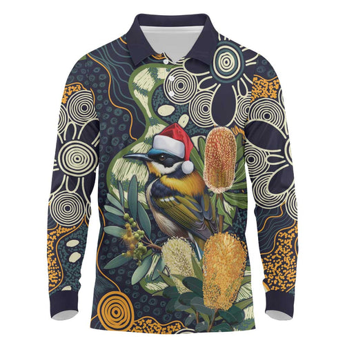 Aussie Honeyeaters Banksia Christmas Long Sleeve Polo Shirt Aboriginal Dots Painting Blue Motif - Aussie Hoodie