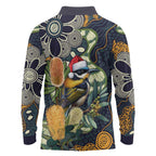 Aussie Honeyeaters Banksia Christmas Long Sleeve Polo Shirt Aboriginal Dots Painting Blue Motif - Aussie Hoodie