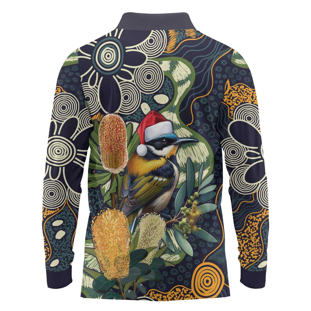 Aussie Honeyeaters Banksia Christmas Long Sleeve Polo Shirt Aboriginal Dots Painting Blue Motif - Aussie Hoodie