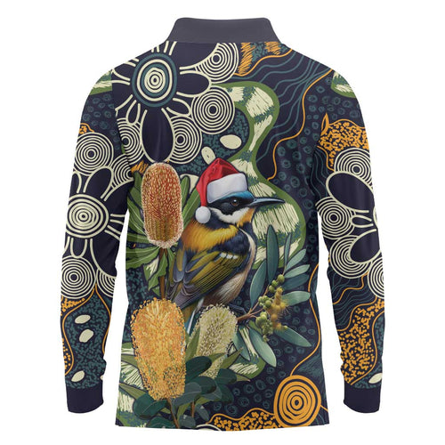 Aussie Honeyeaters Banksia Christmas Long Sleeve Polo Shirt Aboriginal Dots Painting Blue Motif - Aussie Hoodie