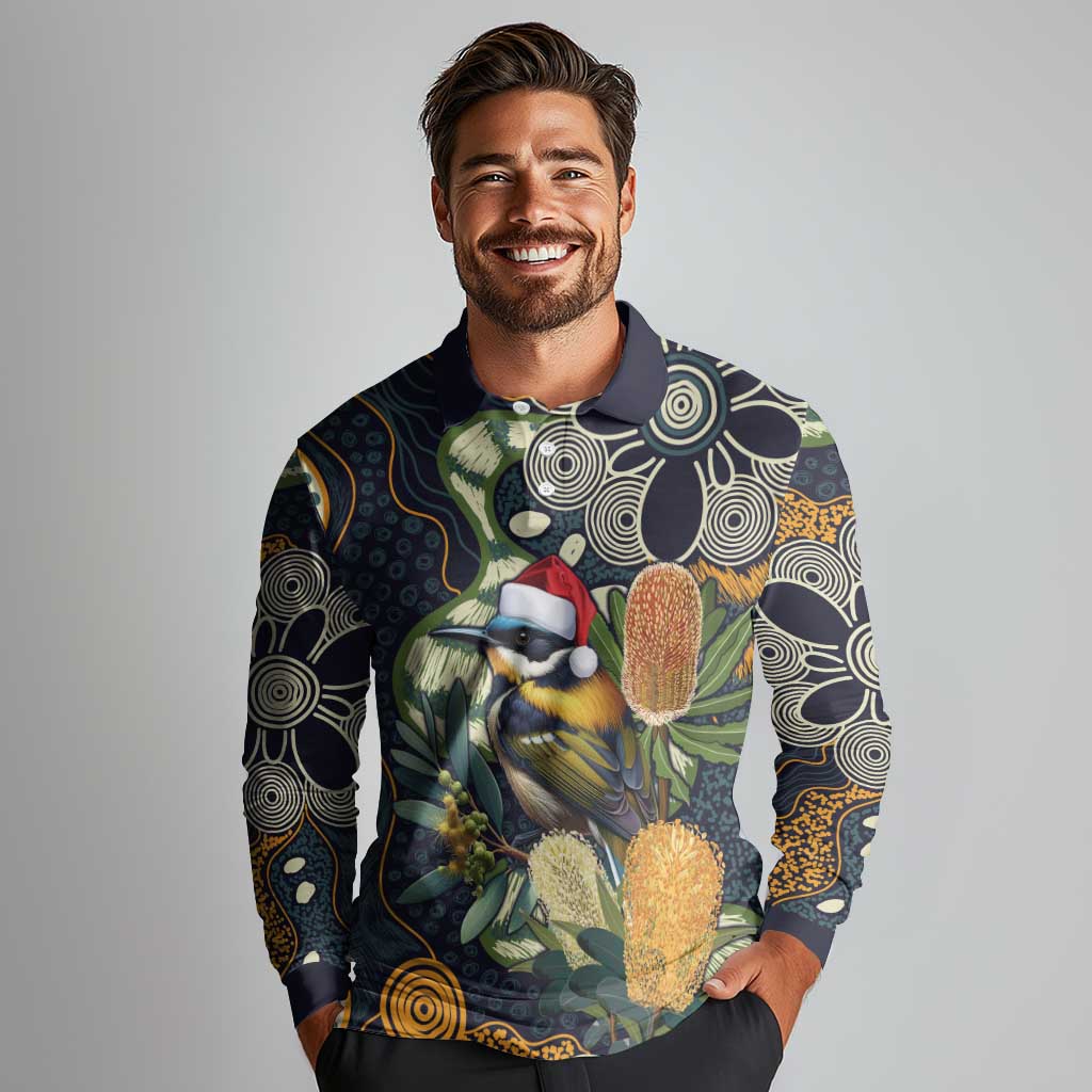 Aussie Honeyeaters Banksia Christmas Long Sleeve Polo Shirt Aboriginal Dots Painting Blue Motif - Aussie Hoodie