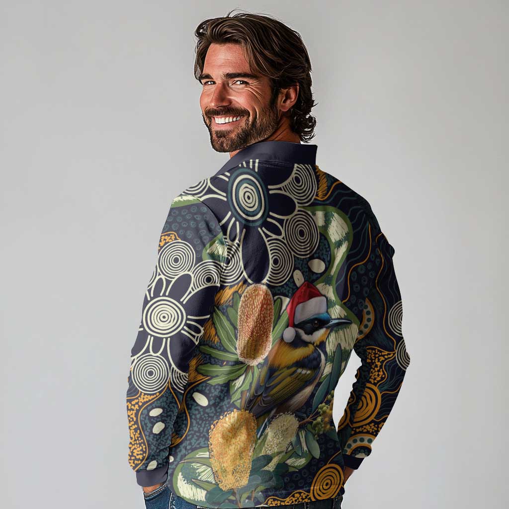 Aussie Honeyeaters Banksia Christmas Long Sleeve Polo Shirt Aboriginal Dots Painting Blue Motif - Aussie Hoodie
