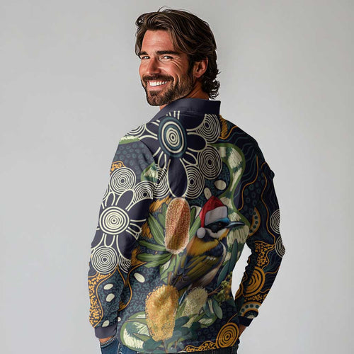 Aussie Honeyeaters Banksia Christmas Long Sleeve Polo Shirt Aboriginal Dots Painting Blue Motif - Aussie Hoodie